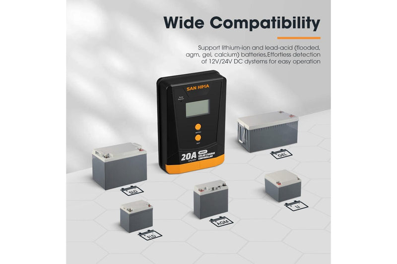 San Hima 20A MPPT Solar Charge Controller 12V 24V Inbulit Bluetooth LCD Display