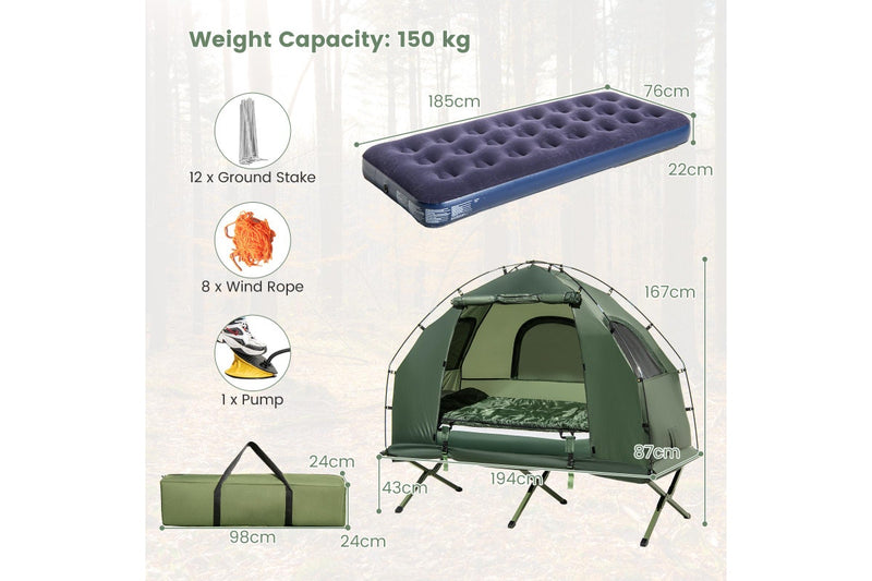 Costway 5-in-1 Camping Tent Stretcher Single Portable Pop-up Tent Cot w/Air Mattress Sleeping Bag 194cm