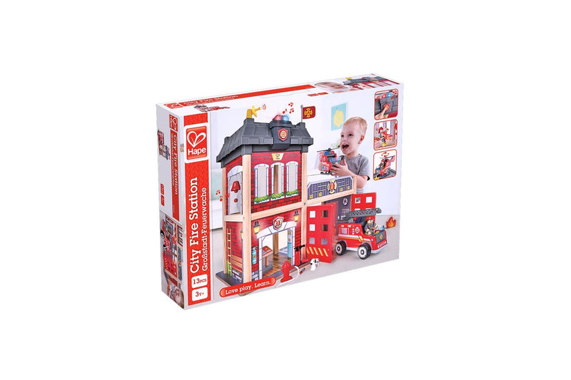 13pc Hape 60cm City Fire Station Kids 3y+ Wooden Toy w Fire Fighter Dog Figures