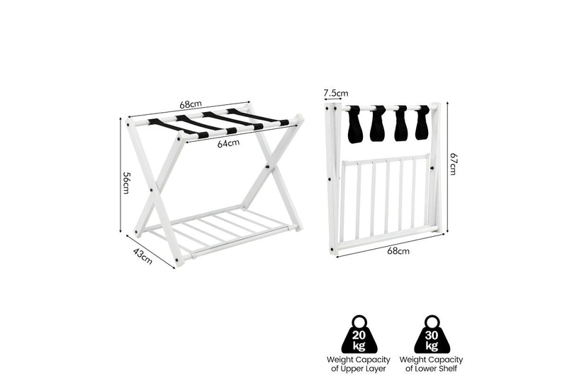 Costway 2PC Folding Iron Luggage Carrier Suitcase Stand w/Shelf Bag Storage Motel Hotels White