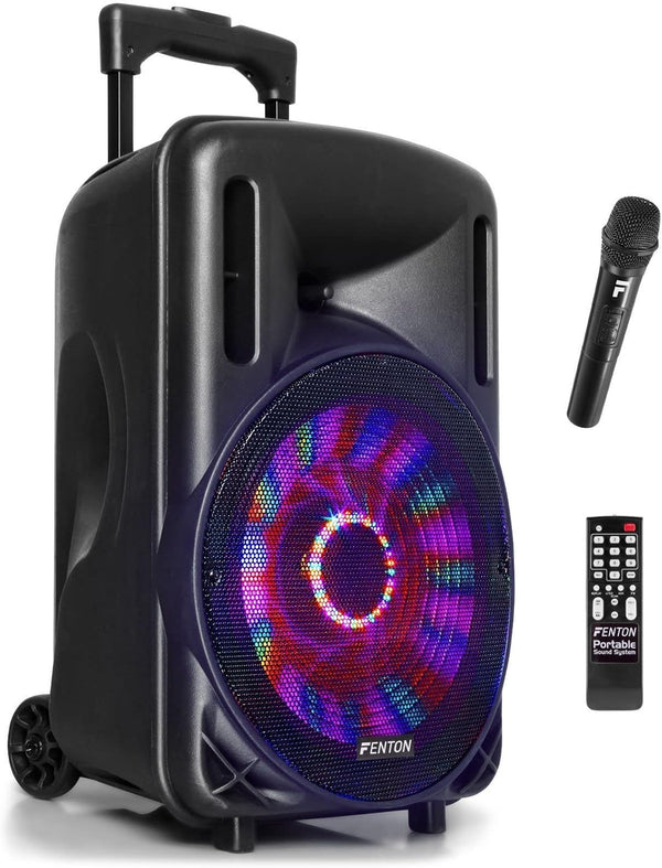 Fenton FT10LED 10-Inch Bluetooth Party Speaker with Wireless Microphone -PA & Stage, Bluetooth Disco Speaker with LED Lights, Portable PA Systems, Battery Powered PA System, Portable PA Speaker