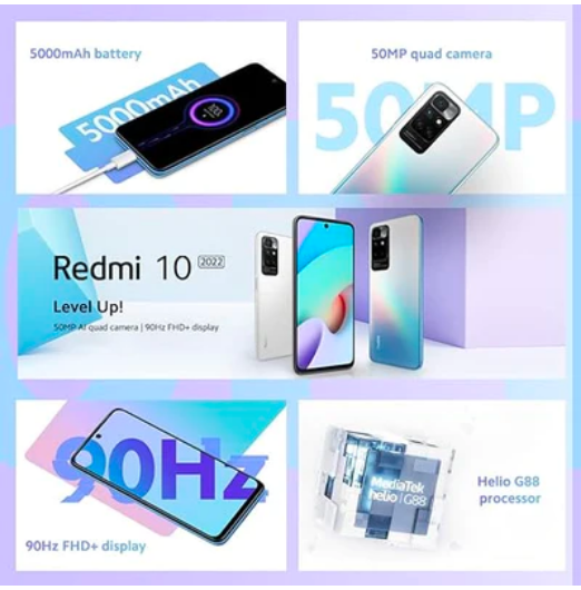 Xiaomi Redmi 10 2022 Smartphone 4+128GB, 6.5 Inch FHD+ 90Hz DotDisplay, MediaTek Helio G88, 50MP AI Quad Camera, 5000mAh, Sea Blue (UK Version)