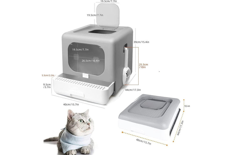 Large Cat Litter Box Foldable with Lid, Plastic Scoop, Drawer Top Entry, Anti-Splash, Leak Proof Kitty Toilet (Grey)