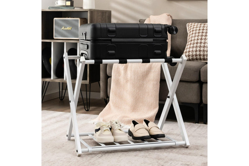 Costway 2-Tier Folding Iron Luggage Carrier Rack Suitcase Stand w/Shelf Bag Storage Motel Hotels White