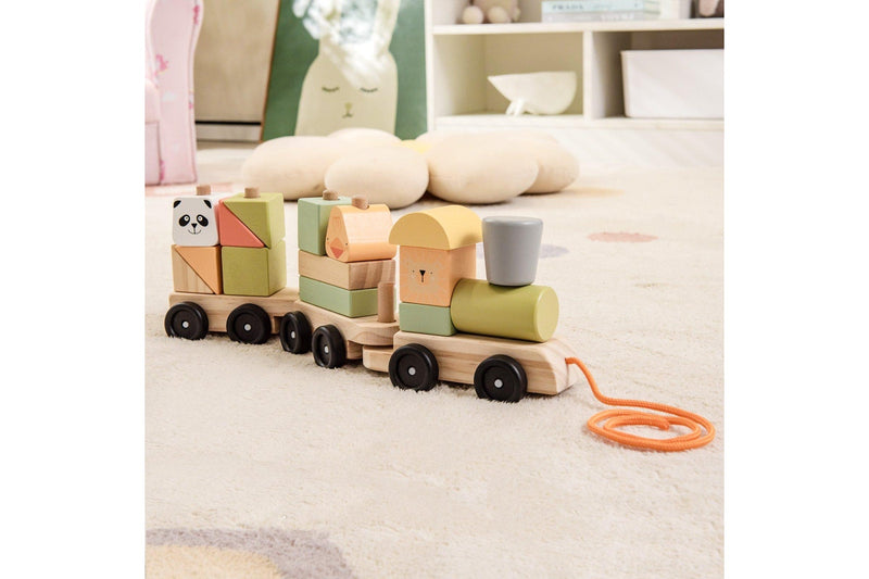 Costway Wood Train Toy Sets Stackable Blocks Interactive Educational Pull Toy Birthday Gift