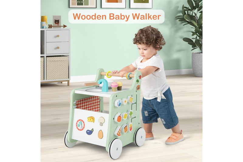 Costway 6-in-1 Stroller Wooden Walker Push Pull Learning Activity Center w/Play Kitchen,Teaching Clock