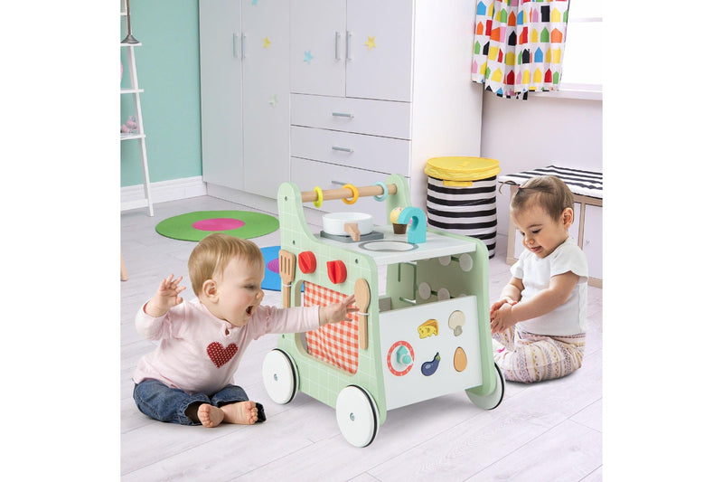 Costway 6-in-1 Stroller Wooden Walker Push Pull Learning Activity Center w/Play Kitchen,Teaching Clock