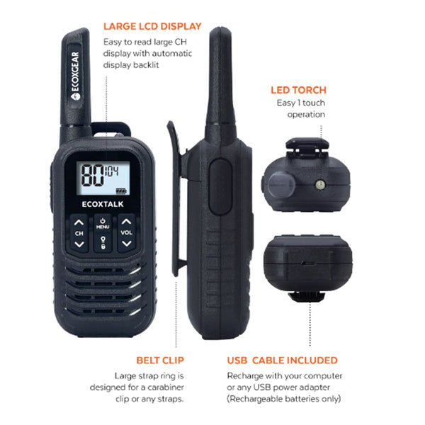 ECOXGEAR ECOXTALK EXG50 (Twin Pack) UHF 0.5Watt CB Handheld 2-Way Radio walkie talkie 3km+ Range, 20 hours Operating Time ,80 channels AU/NZ