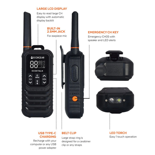 ECOXGEAR ECOXTALK EXG200-2PK UHF 2Watt CB Handheld 2-Way Radio Walkie Talkie 13km+ Range, 16 hours Operating Time, IP67 Waterproof & Dustproof design