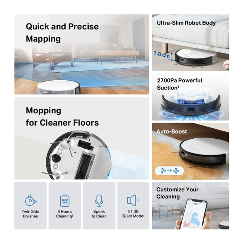 TP-Link Tapo Lidar RV 20 Mop Navigation Robot Vacuum & Mop 2700Pa Suction, LiDar Navi System 3 Hour Cleaning, Twin side Brushes; 51 dB.