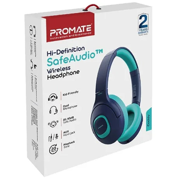 Promate Child-Safe CODDY.AQA Wireless Over-Ear Headphones for Kids - Aqua