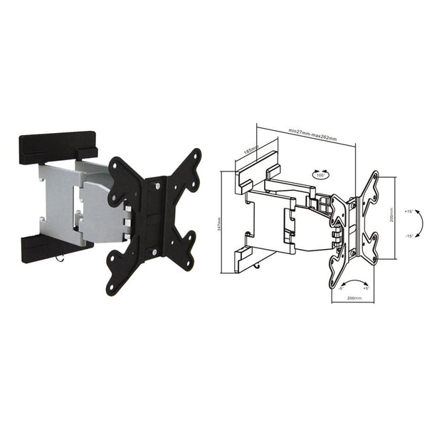 Brateck Lumi LCD-LPA16-224 17-37" Articulating Bracket Wall Mount. 27-262mm Distance to Wall. Tilt: -+15deg, Swivel: 90deg Max Load 30Kg, Max Vesa 200x200