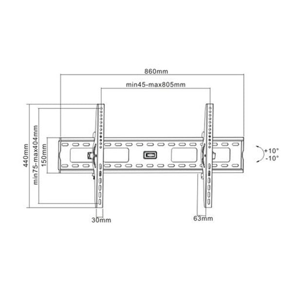 Brateck PLB-33XL 37-70" Tilt Wall Mount Bracket. Curved and flat TVs. Max VESA 800x400. Tilt -10 +10 . TV to Wall 63mm. Max weight 75kg.