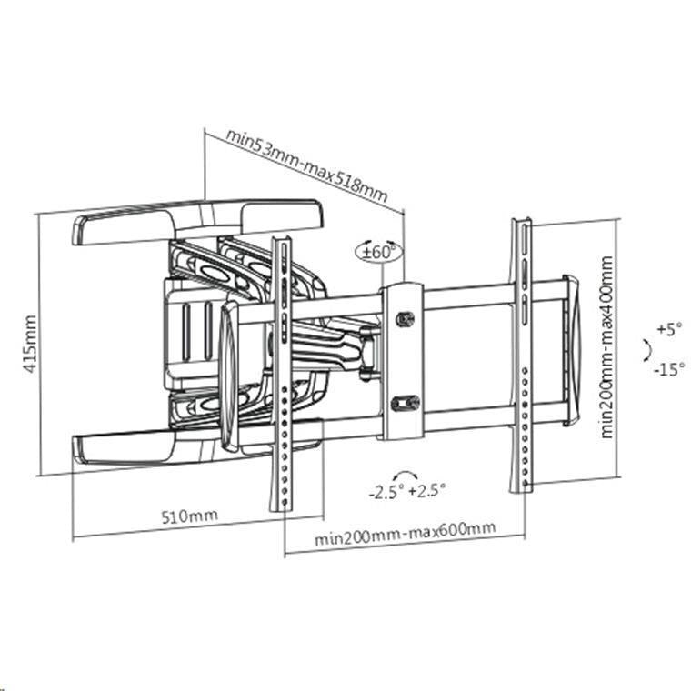 Brateck Lumi LPA31-466 37-70" Full Motion Bracket Tilt -15 +5deg, Swivel -60 +60deg, Rotate -2.5 +2.5deg.TV to wall 53-518mm.Max VESA 600x400. 50kg Max load. Solid Wall or Double Stud Install.