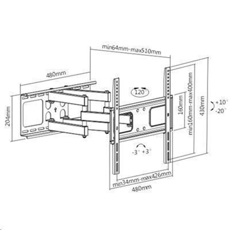 Brateck Lumi LPA36-446 32-55" Full Motion Bracket Tilt -20 +10deg, Swivel -60 +60deg, Level Adjust-3 +3deg. TV to wall 64-510mm.Max VESA 400x400.50kg Max load. Solid Wall or Double Stud Install.