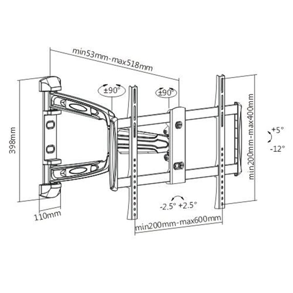 Brateck Lumi LPA31-463 37-70" Full Motion Bracket Tilt -12 +5deg, Swivel -90 +90deg, Rotate -2.5 +2.5deg.TV to wall 53-518mm.Max VESA 600x400. 35kg Max load. Solid Wall or Single Stud Install.