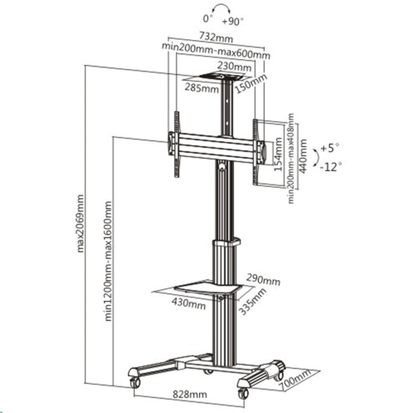 Brateck TTV04-46TW 37-70" Telescopic Height Adjustable TV Cart. Max VESA 600x400. Tilt +5-12 degree. Rotate 90degree Max weight 50kg.