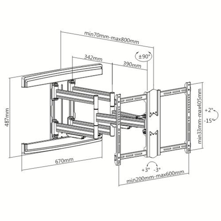 Brateck Lumi LPA57-466A 37-80" Contemporary Design Full-Motion TV Wall Bracket, -2 15 tilt, -90 90 swivel - Level adjust -3 3, Max VESA 600x400 - Profile 70 800mm - 70kg Max load - Black