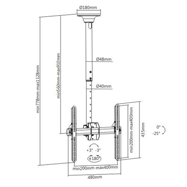 Brateck PLB-CE944-02S 32 -55 Telescopic full- motion ceiling mount. Max load: 50Kgs. VESA support up to 400x400. Profile: 560-910mm. Tilt & swivel. Hidden cable management Colour: Slate black.