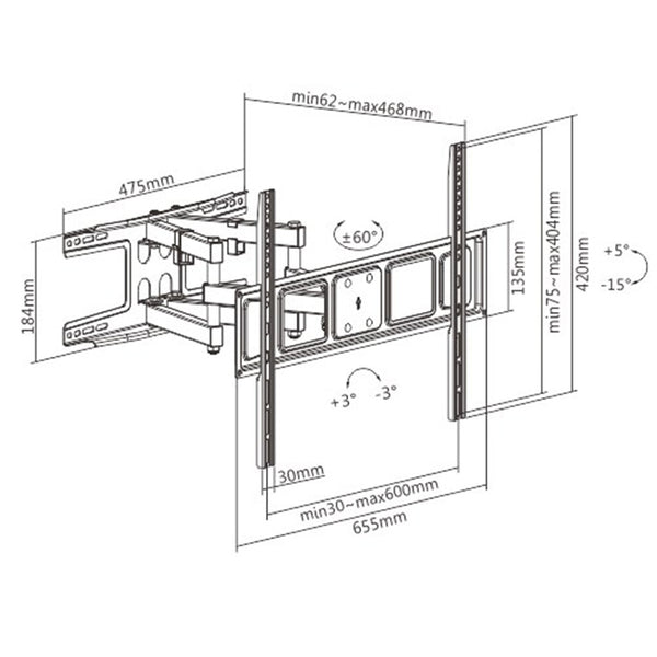 LUMI BT-MTV63-466 Economy Solid Full Motion TV Wall Mount for 37"-80" LED, LCD Flat Panel TVs