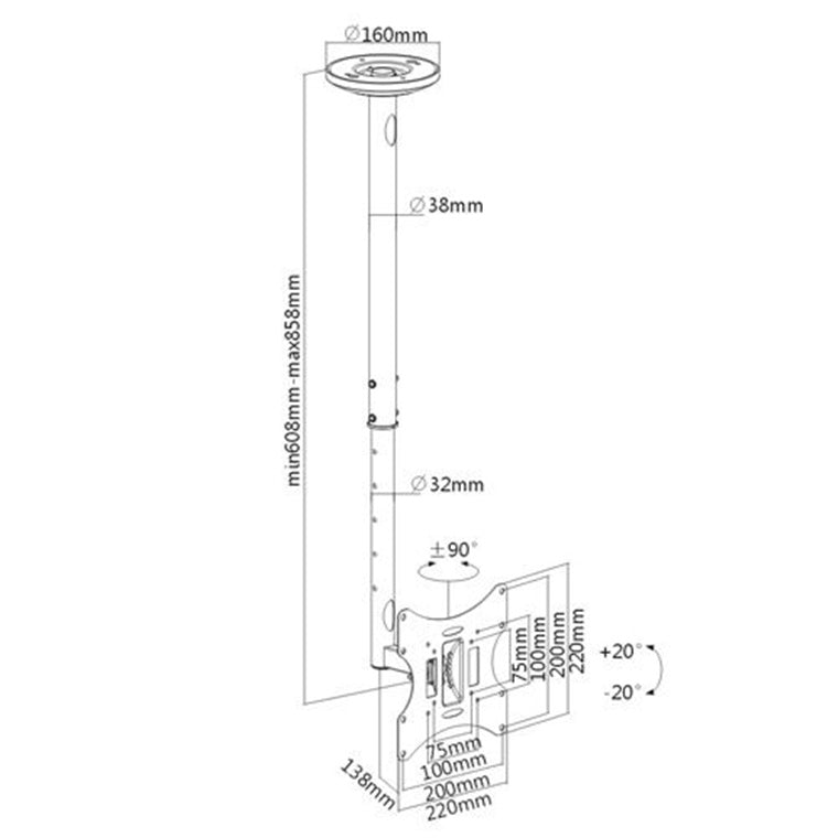 LUMI Lumi LCD-504A 23-42" Single Telescopic LCD Ceiling Mounts Bracket for LCD/Plasma TV Tilt +-20 deg, Rotate 180 deg