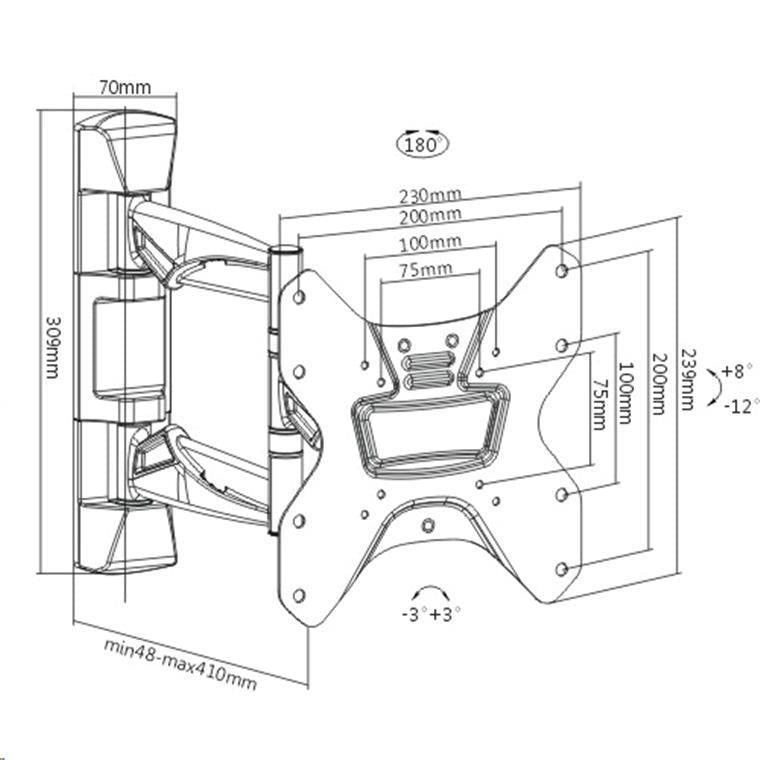 Brateck Lumi LDA20-223 23-42 Full Motion Bracket Tilt +12 -8deg, Swivel up to 90deg. Built in level. Max VESA 200x200. Max load 30kg. Curved Display Compatible.