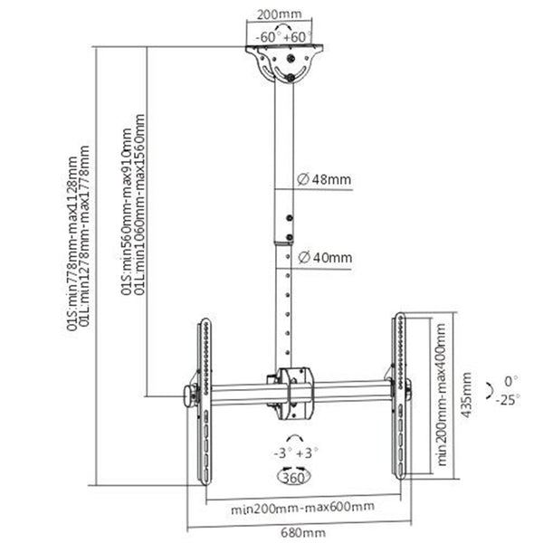 Brateck PLB-CE946-01L 37-70" Ceiling Mount Bracket for LCD/Plasma TV