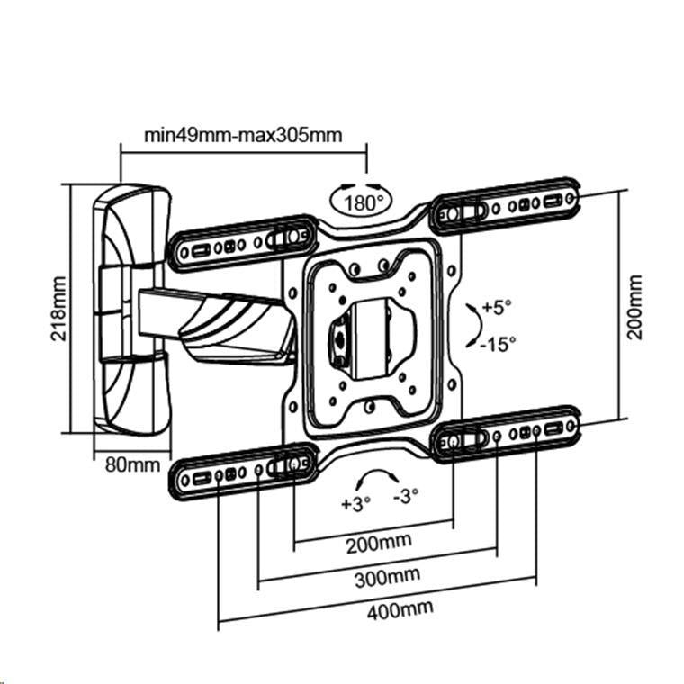 Brateck Lumi LPA50-441 23-55" Full Motion TV Wall Mount. Tilt +5 -15 , Swivel +90 -90 . Built-in level adjustment. Integrated cable management. Profile 49-305mm. Max VESA 400x400mm.