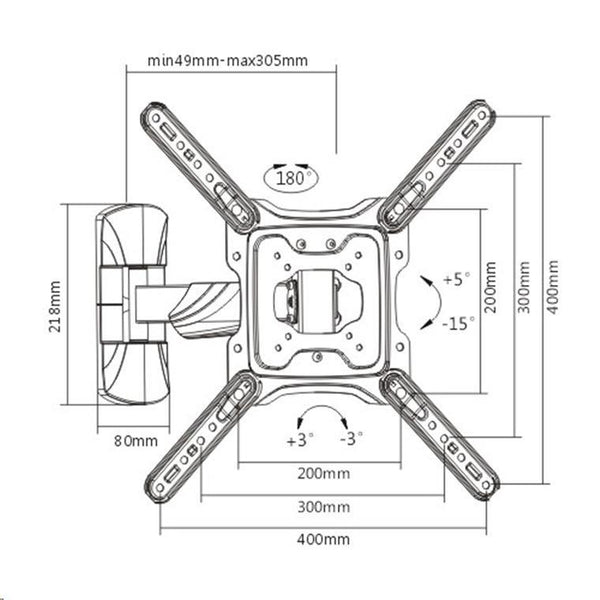 Brateck Lumi LPA50-441 23-55" Full Motion TV Wall Mount. Tilt +5 -15 , Swivel +90 -90 . Built-in level adjustment. Integrated cable management. Profile 49-305mm. Max VESA 400x400mm.