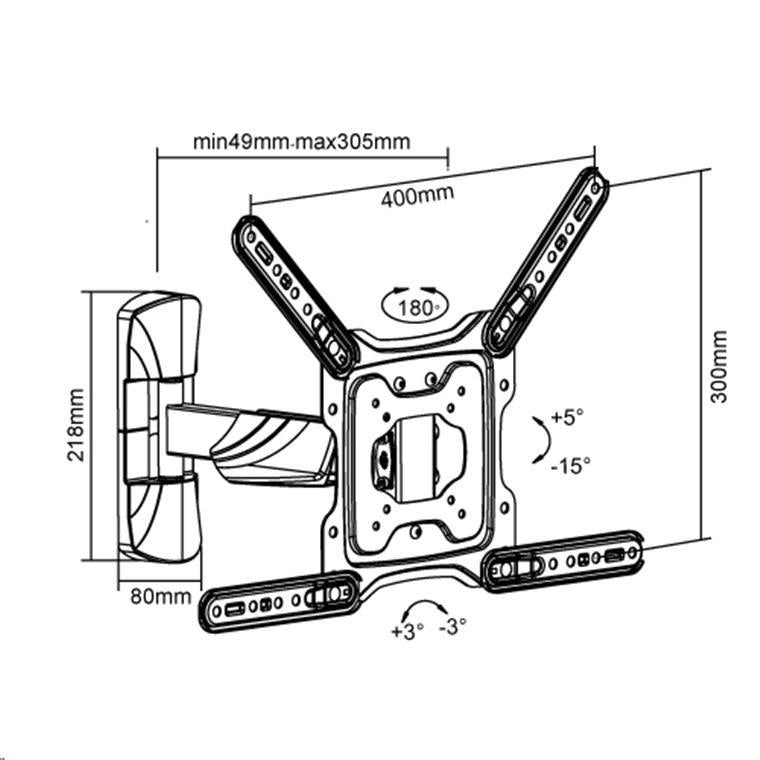 Brateck Lumi LPA50-441 23-55" Full Motion TV Wall Mount. Tilt +5 -15 , Swivel +90 -90 . Built-in level adjustment. Integrated cable management. Profile 49-305mm. Max VESA 400x400mm.