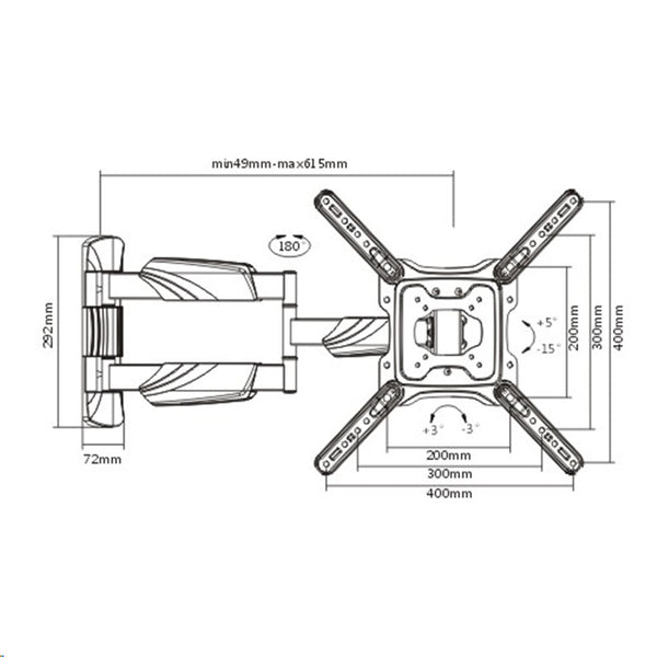 Brateck LPA50-443AL 23-55" Full Motion TV Wall Mount - Tilt +5 -15 , Swivel +90 -90 - Built-in level adjustment - Integrated cable management - Profile 49-615mm - Max VESA 400x400mm