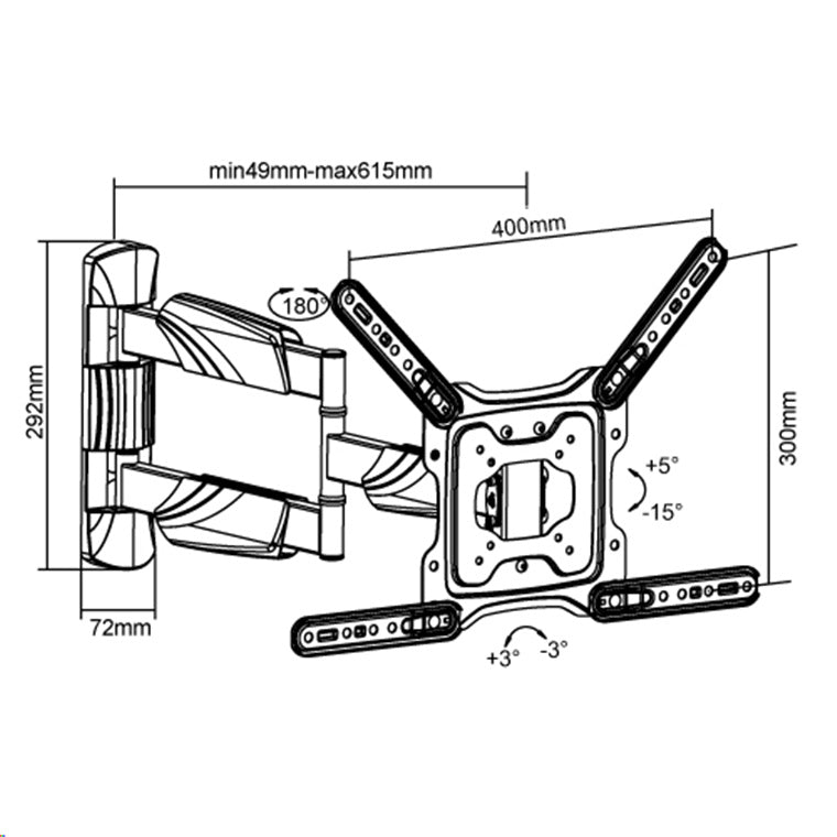 Brateck LPA50-443AL 23-55" Full Motion TV Wall Mount - Tilt +5 -15 , Swivel +90 -90 - Built-in level adjustment - Integrated cable management - Profile 49-615mm - Max VESA 400x400mm