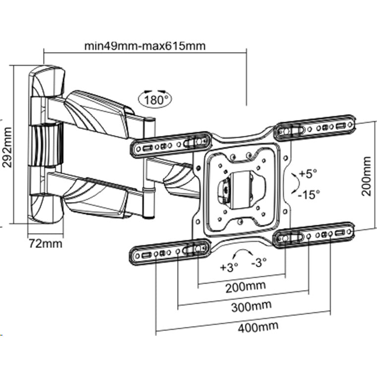 Brateck LPA50-443AL 23-55" Full Motion TV Wall Mount - Tilt +5 -15 , Swivel +90 -90 - Built-in level adjustment - Integrated cable management - Profile 49-615mm - Max VESA 400x400mm