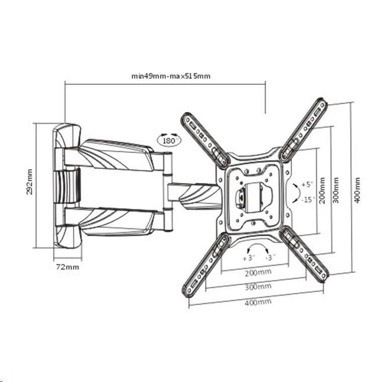 Brateck Lumi LPA50-443 23-55" Full Motion TV Wall Mount. Tilt +5 -15 , Swivel +90 -90 . Built-in level adjustment. Integrated cable management. Profile 49-305mm. Max VESA 400x400mm.