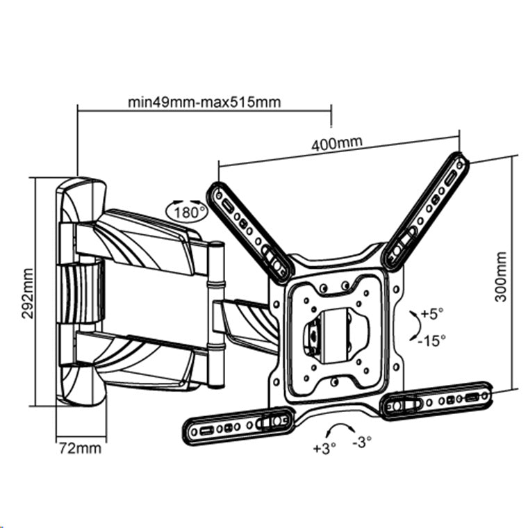 Brateck Lumi LPA50-443 23-55" Full Motion TV Wall Mount. Tilt +5 -15 , Swivel +90 -90 . Built-in level adjustment. Integrated cable management. Profile 49-305mm. Max VESA 400x400mm.