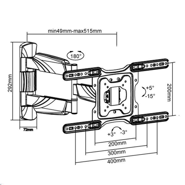 Brateck Lumi LPA50-443 23-55" Full Motion TV Wall Mount. Tilt +5 -15 , Swivel +90 -90 . Built-in level adjustment. Integrated cable management. Profile 49-305mm. Max VESA 400x400mm.