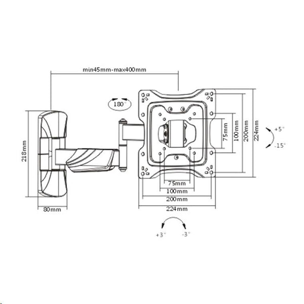 Brateck LPA50-222 23-42" Full Motion TV Wall Mount. Tilt +5 -15 , Swivel +90 -90 . Built-in level adjustment. Integrated cable management. Profile 45-400mm. Max VESA 200x200mm.