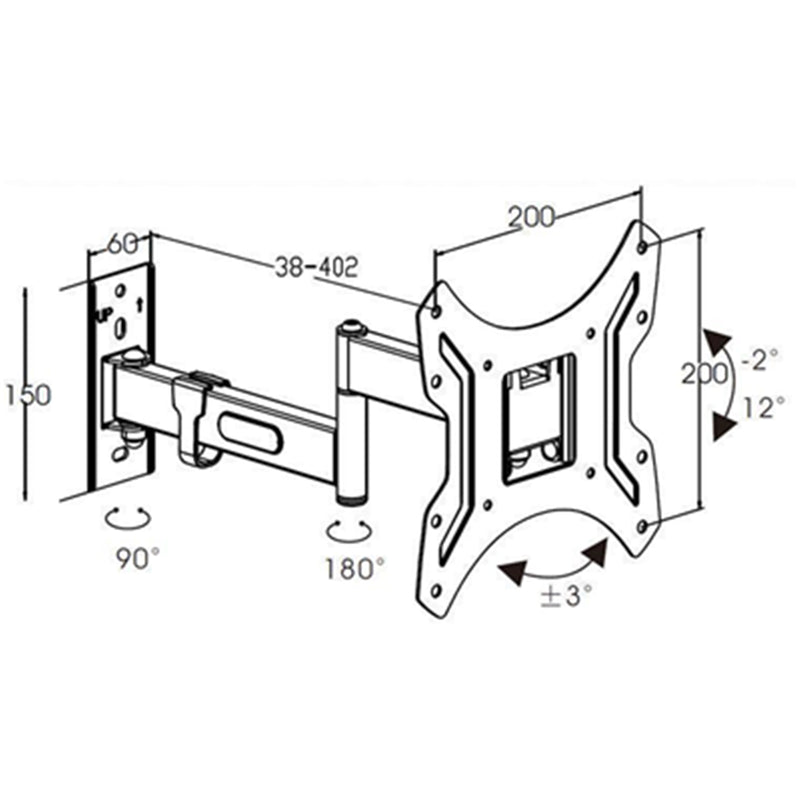 Loctek Pro Mount, 14"-43" Full Motion TV Wall Mount - Max Load 25kg - Max VESA 200x200mm - Tilt -2+12deg - Swivel -90 +90deg. - TV To Wall 38-402mm - 5 Years Warranty