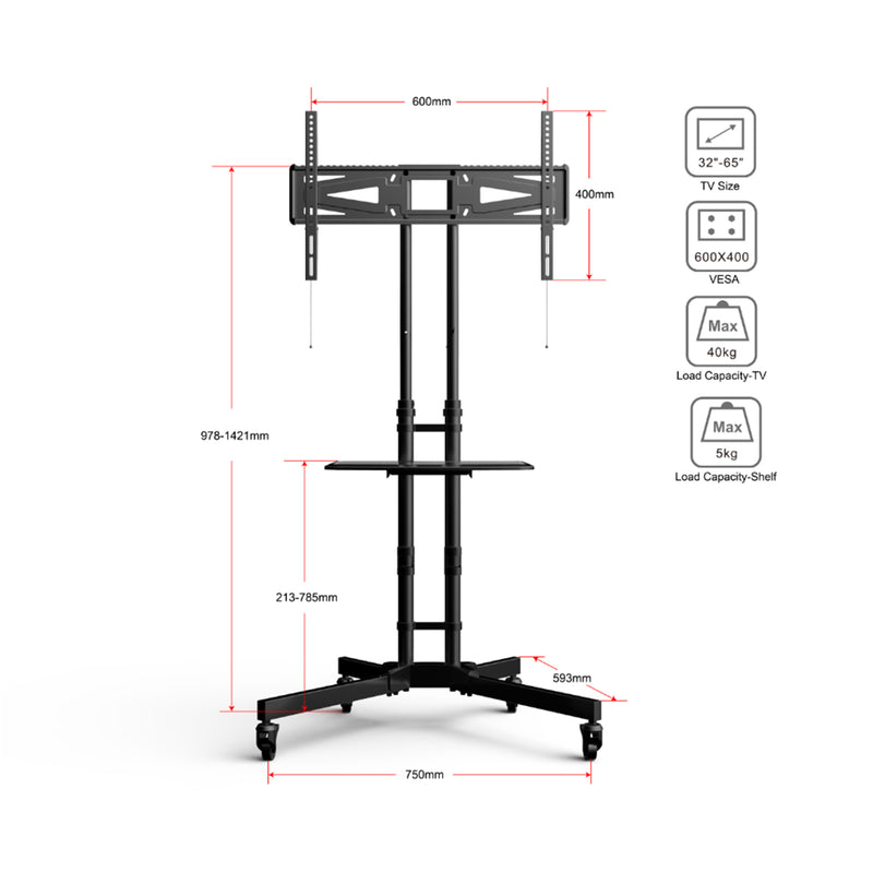 Loctek TV Cart 32"-65" Mobile Trolley, - Max Load 40kg - Height Adjustable 963-1424mm - 5 Years Warranty