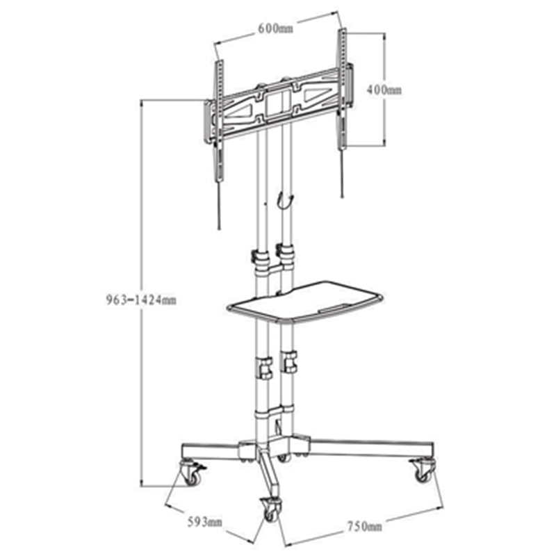 Loctek TV Cart 32"-65" Mobile Trolley, - Max Load 40kg - Height Adjustable 963-1424mm - 5 Years Warranty