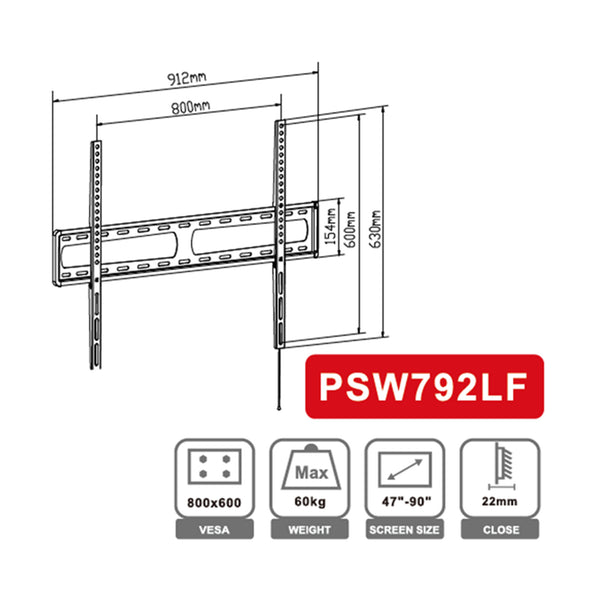 Loctek Eco Mount, 47"-90" Fixed TV Wall Mount - Max Load 60kg - Max VESA 800x600mm - TV To Wall 22mm - 5 Years Warranty