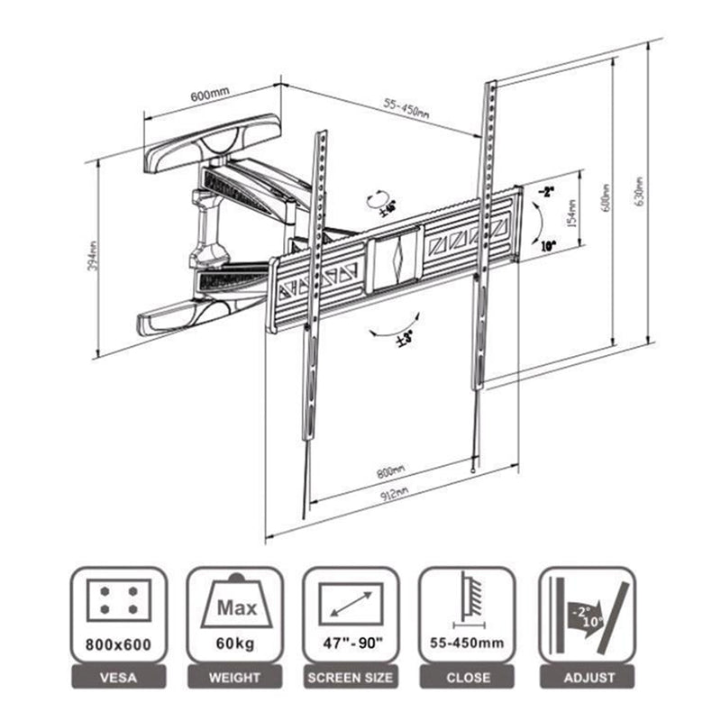 Loctek Pro Mount, 47"-90" Full Motion TV Wall Mount - Max Load 60 kg - Max VESA 800x600mm - Tilt -2 +12deg - Swivel -45 +45deg. - TV To Wall 55-450mm - 5 Years Warranty