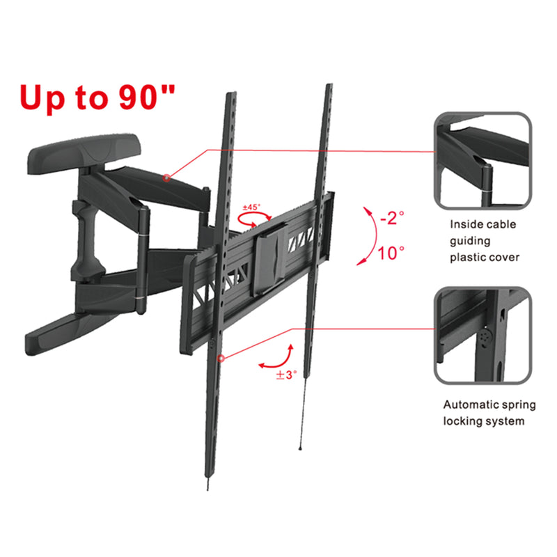 Loctek Pro Mount, 47"-90" Full Motion TV Wall Mount - Max Load 60 kg - Max VESA 800x600mm - Tilt -2 +12deg - Swivel -45 +45deg. - TV To Wall 55-450mm - 5 Years Warranty