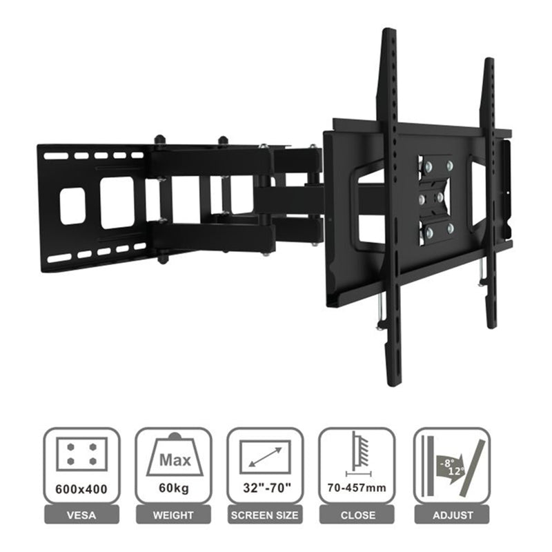 Loctek Eco Mount, 32"-70" Full Motion TV Wall Mount - Max Load 60kg- Max VESA 600x400mm - Adjust -8-12deg - TV To Wall 70-457mm - 5 Years Warranty