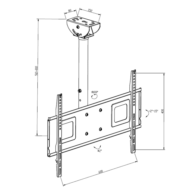 Loctek Eco Mount, 32"-65" TV Ceiling Mount - Max Load 60kg - Max VESA 600x400 - Tilt Angle -2 +15Deg - TV To Wall 510-810mm - 5 Years Warranty