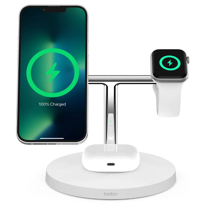 Belkin 3-in-1 Wireless Charging Stand with MagSafe 15W - White, Supports Fast Charging for Apple watch Series 8 & 7