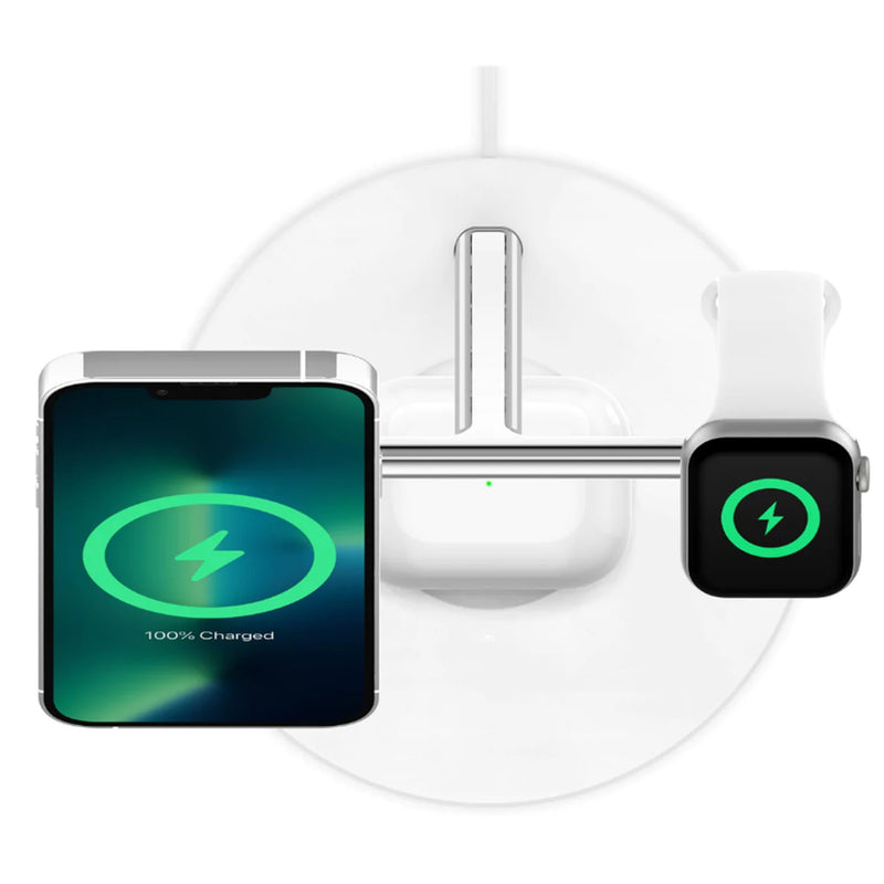 Belkin 3-in-1 Wireless Charging Stand with MagSafe 15W - White, Supports Fast Charging for Apple watch Series 8 & 7