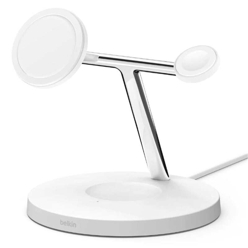 Belkin 3-in-1 Wireless Charging Stand with MagSafe 15W - White, Supports Fast Charging for Apple watch Series 8 & 7