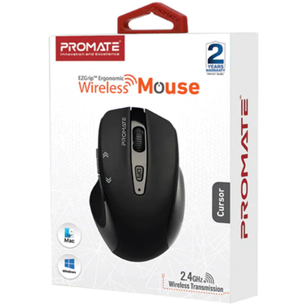 Promate EZGrip Ergonomic Wireless Mouse - Black