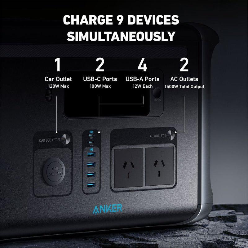 ANKER 757 1229 Wh PowerStation AC Output 1500W, Surge (2400w) 2* AC Ports, 2* USB-C 100w Ports 4* USB-A 12w Each ports & 1* car outlet 120w